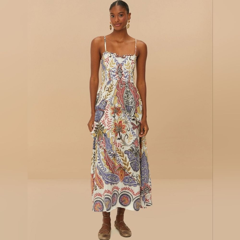 Farm Rio Off-White Boho Glam Loopy Trim Maxi Dress Size XL